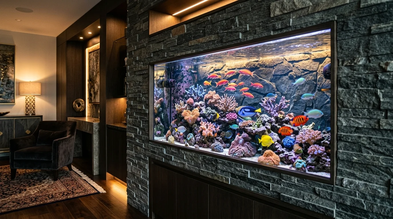 A wall niche aquarium with textured stone backdrop, vibrant coral-like decor, bright fish colors, warm accent lighting, luxurious interior styling, slightly angled shot, no people