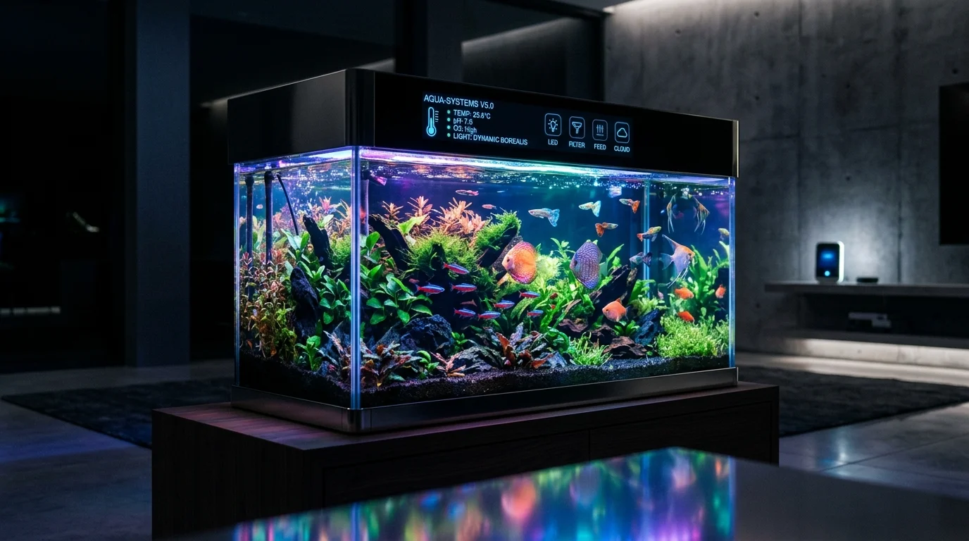 A futuristic smart aquarium with LED color-changing lights, sleek design, high-tech controls, vivid fish and plants, glowing reflections, dark modern room, dramatic low-light shot, no people