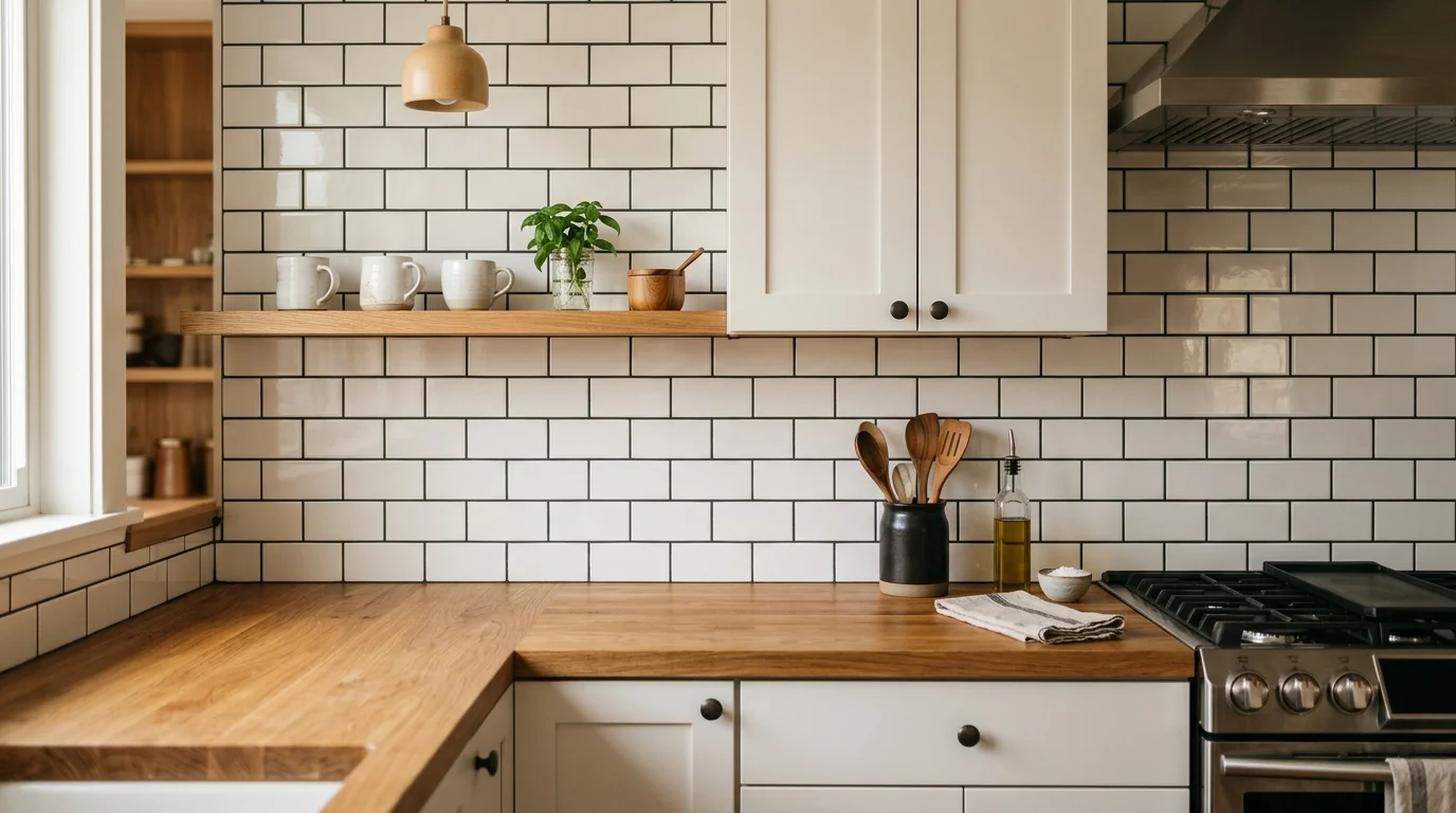 A subway tile backsplash in glossy white with dark grout lines, minimalist kitchen setup, wooden countertops, soft warm lighting, classic timeless style, eye-level composition, no people