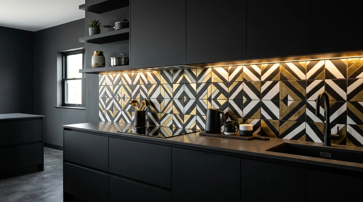 A bold geometric patterned tile backsplash in black, white, and gold, contemporary kitchen design, matte black cabinetry, dramatic contrast lighting, stylish modern vibe, no people