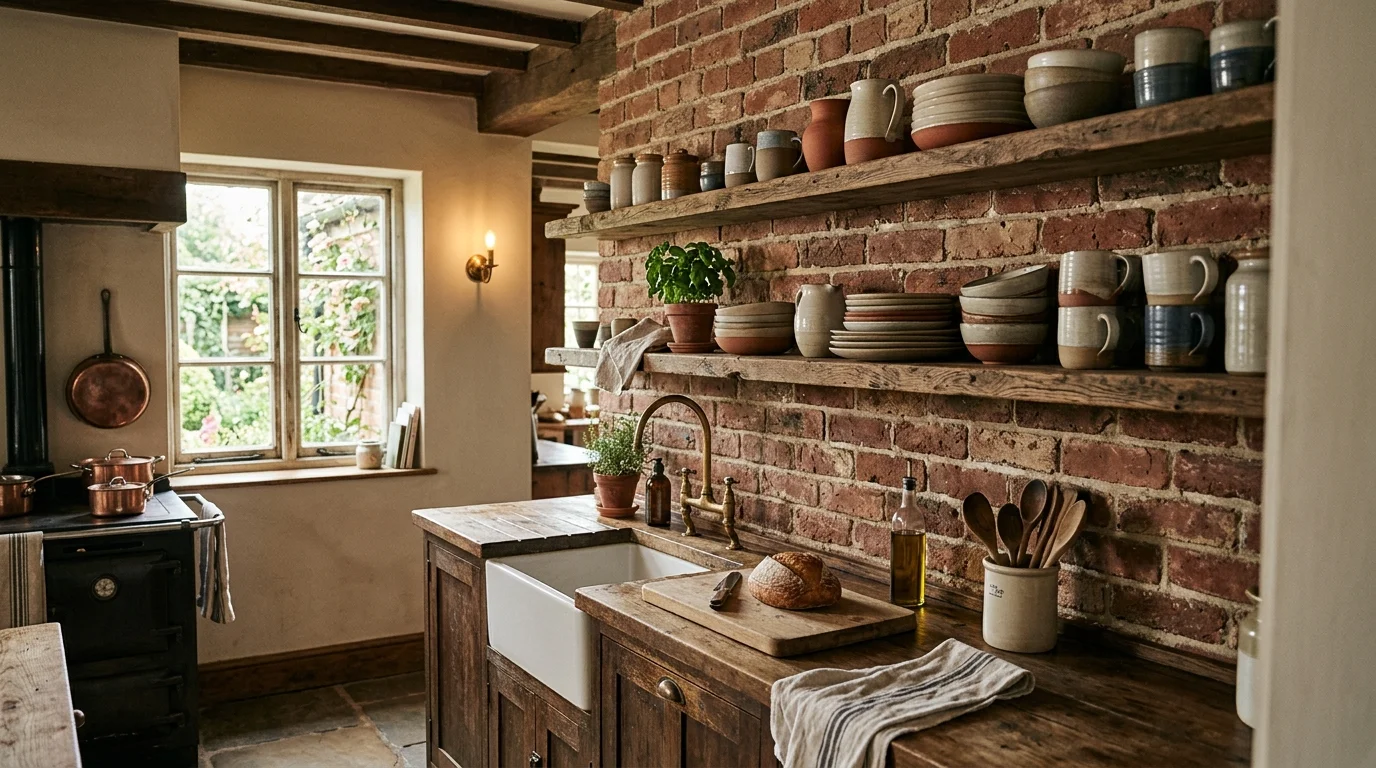 A rustic kitchen backsplash made of exposed brick wall, warm earthy tones, wooden shelves with ceramic dishes, cozy farmhouse atmosphere, soft golden lighting, angled shot, no people