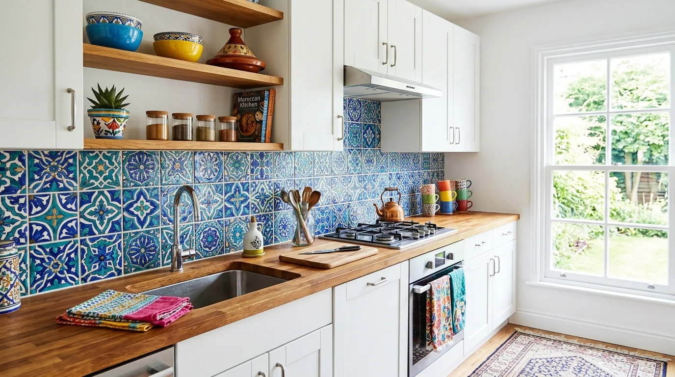 A colorful Moroccan-style tile backsplash with intricate blue and teal patterns, vibrant kitchen decor, white cabinetry, bright airy lighting, artistic and lively mood, no people
