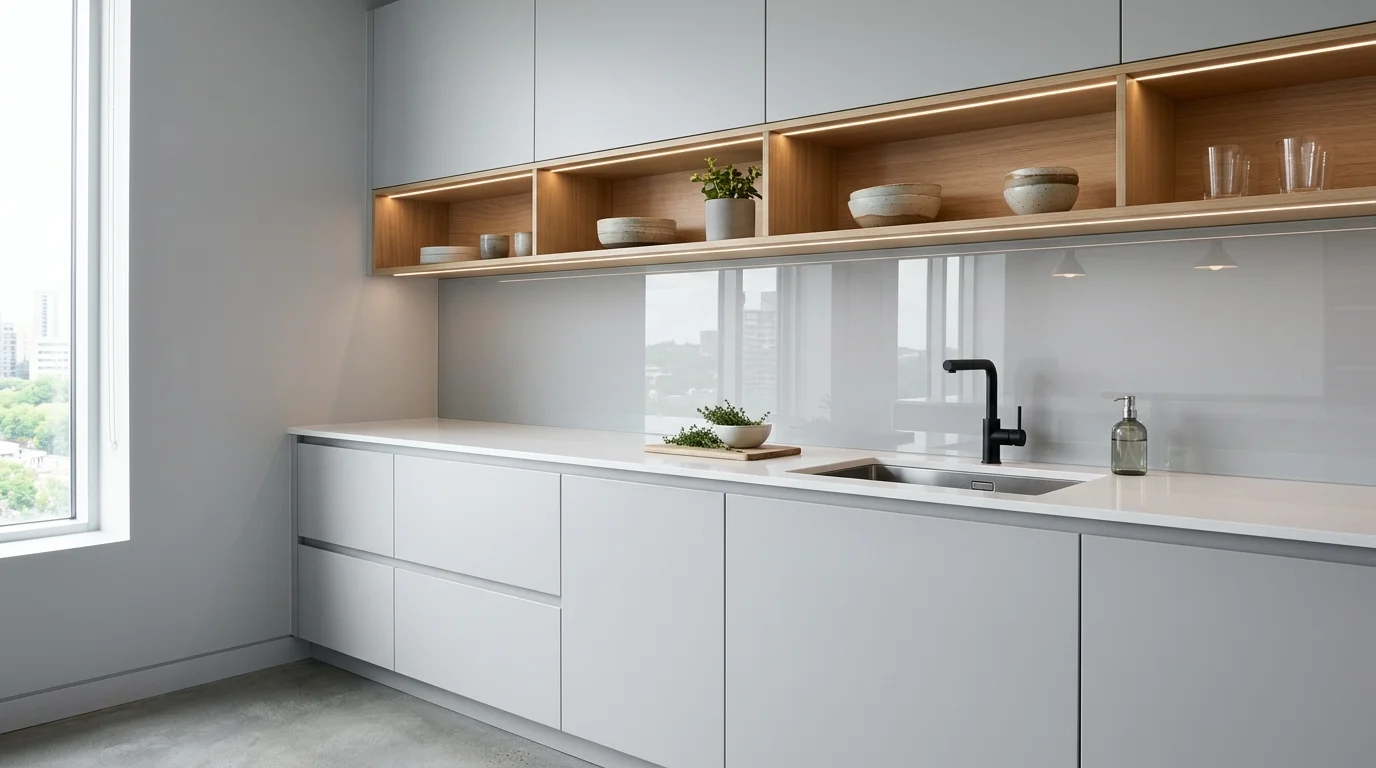 A sleek glass backsplash in soft gray with reflective surface, minimalist handleless cabinets, integrated lighting under shelves, ultra-modern aesthetic, clean composition, no people
