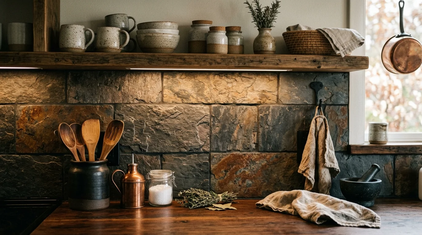 A natural stone backsplash with textured slate tiles, earthy kitchen palette, wooden accents, warm ambient lighting, organic rustic feel, close-up shot, no people