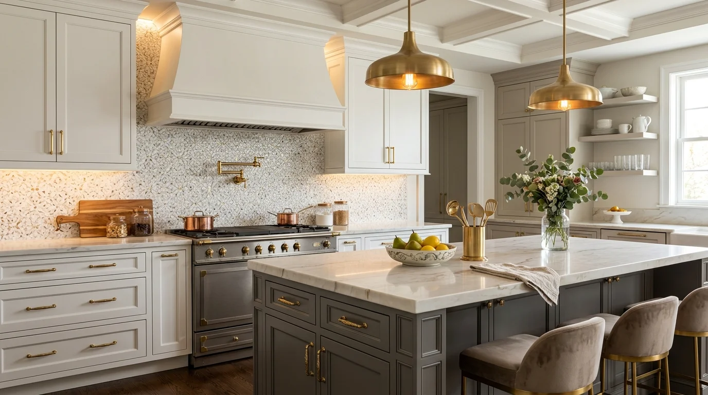 A marble mosaic backsplash with intricate small tile detailing, elegant kitchen island, gold fixtures, soft luxurious lighting, refined sophisticated style, no people