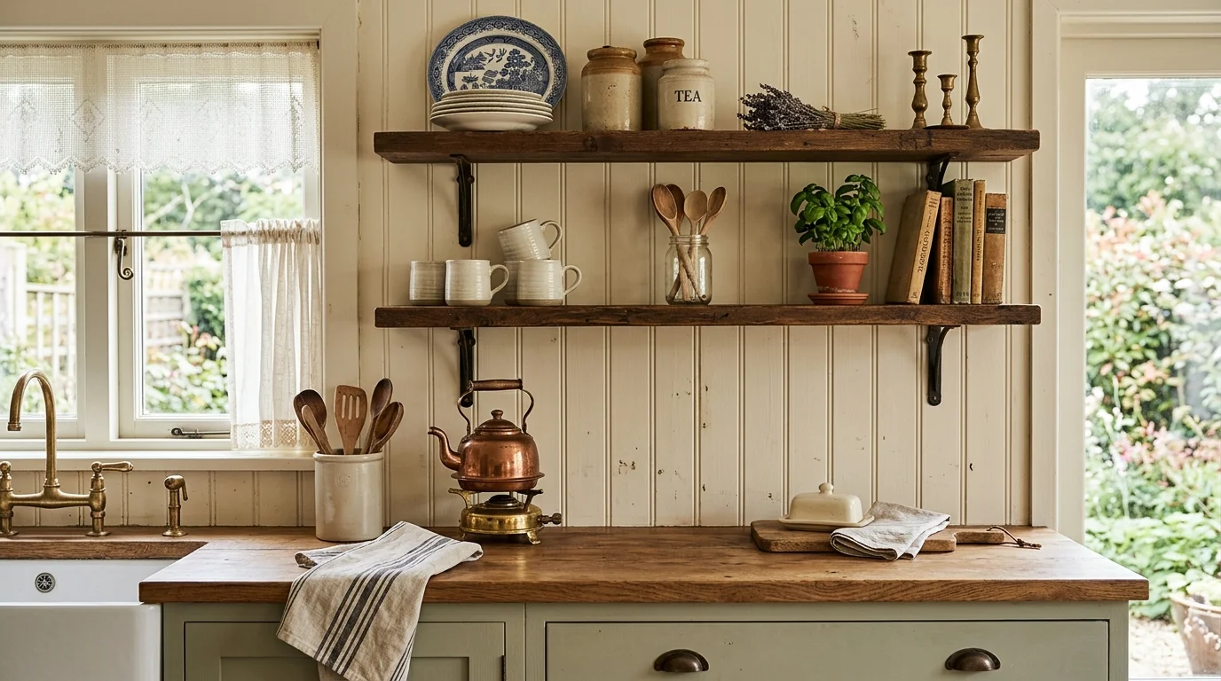 A farmhouse beadboard backsplash in soft cream color, vintage kitchen decor, open shelving with rustic accessories, cozy and charming aesthetic, no people