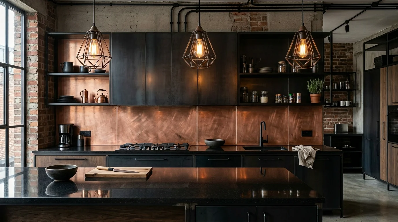 A metallic backsplash in brushed copper panels, modern industrial kitchen, black countertops, pendant lighting reflections, edgy and stylish mood, no people