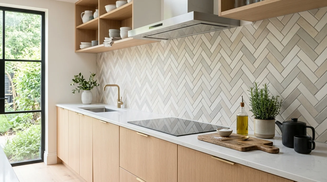 A herringbone tile backsplash in soft neutral tones, contemporary kitchen design, light wood cabinetry, natural daylight, balanced elegant composition, no people