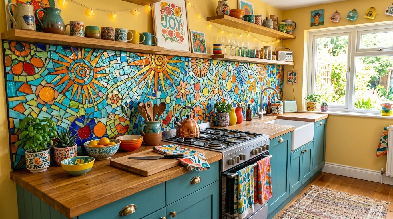 A vibrant mosaic backsplash made of colorful glass tiles, artistic kitchen space, playful decor accents, bright cheerful lighting, energetic atmosphere, no people