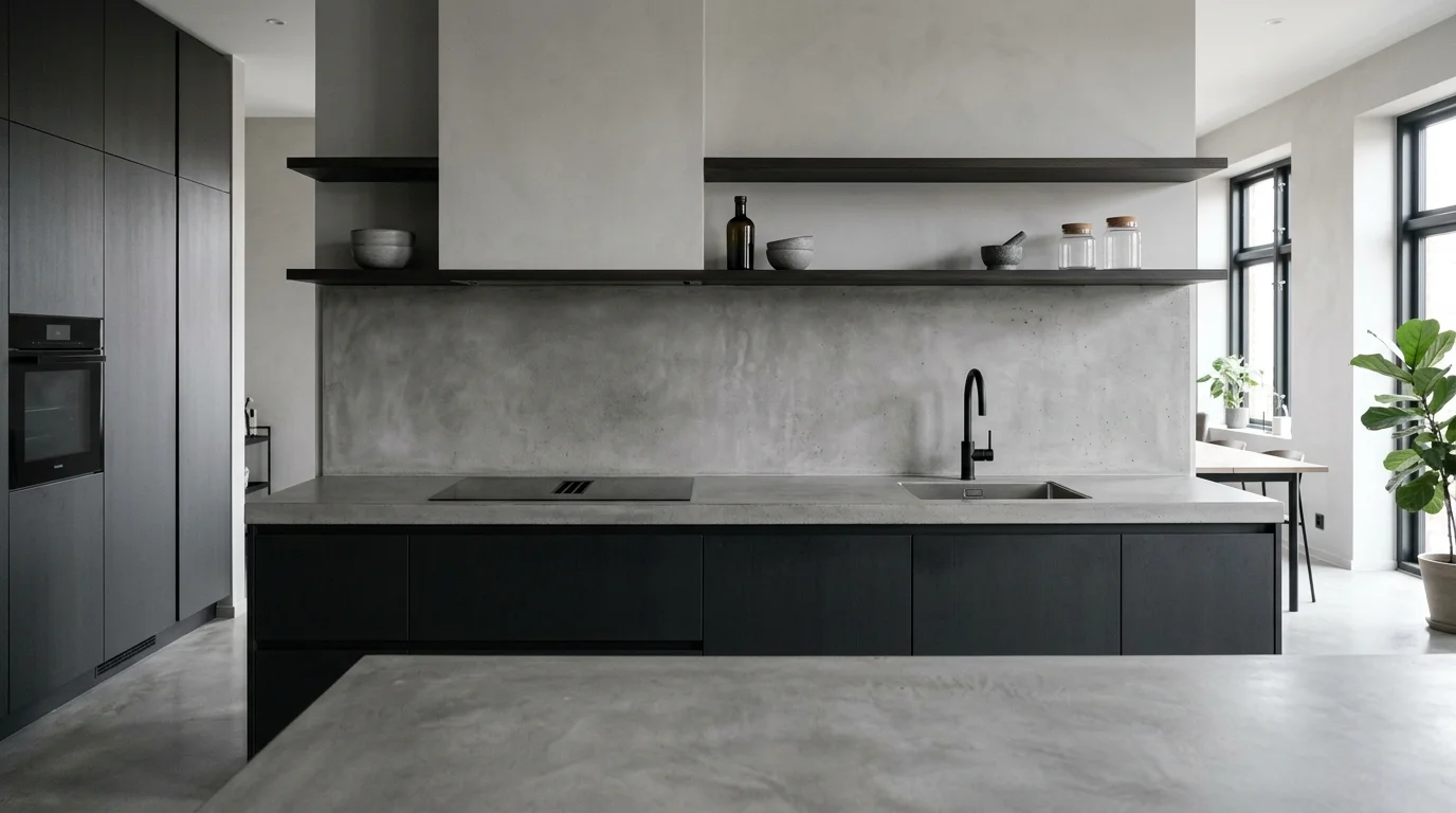 A minimalist concrete backsplash with smooth matte finish, monochrome kitchen design, clean architectural lines, soft diffused lighting, modern industrial feel, no people