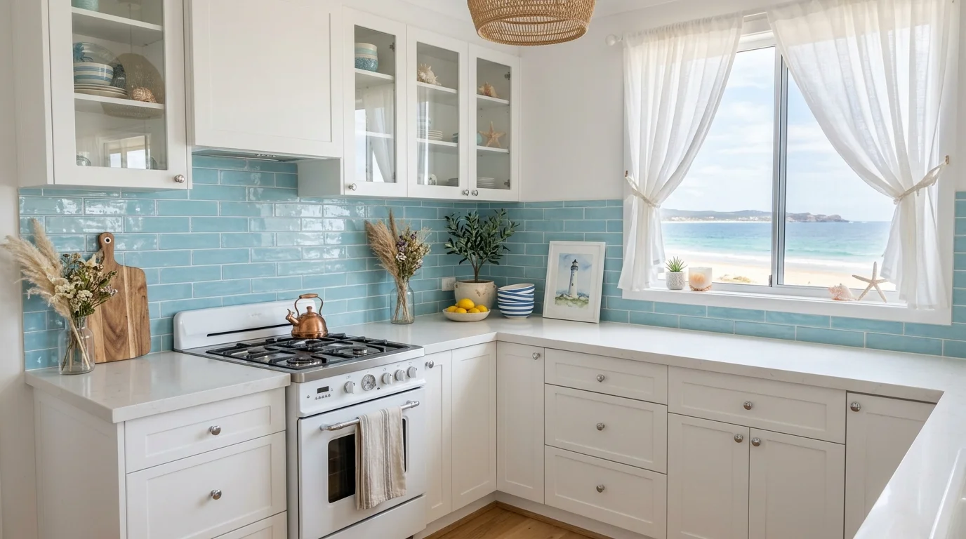 A coastal-inspired backsplash with light blue tiles, white cabinetry, beachy decor accents, breezy curtains, fresh airy lighting, relaxed atmosphere, no people