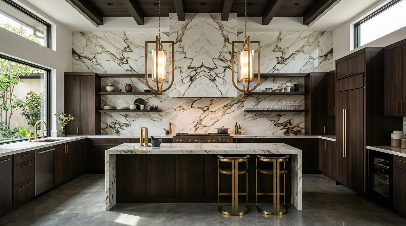 A luxury full-height backsplash extending to ceiling in veined marble, high-end kitchen design, dramatic pendant lights, polished surfaces, cinematic wide-angle shot, no people