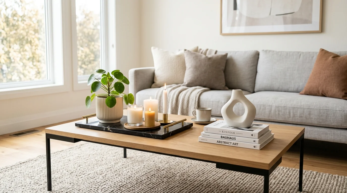 A modern coffee table with a decorative tray holding candles a small plant and a minimalist sculpture bright lighting clean sophisticated styling no people