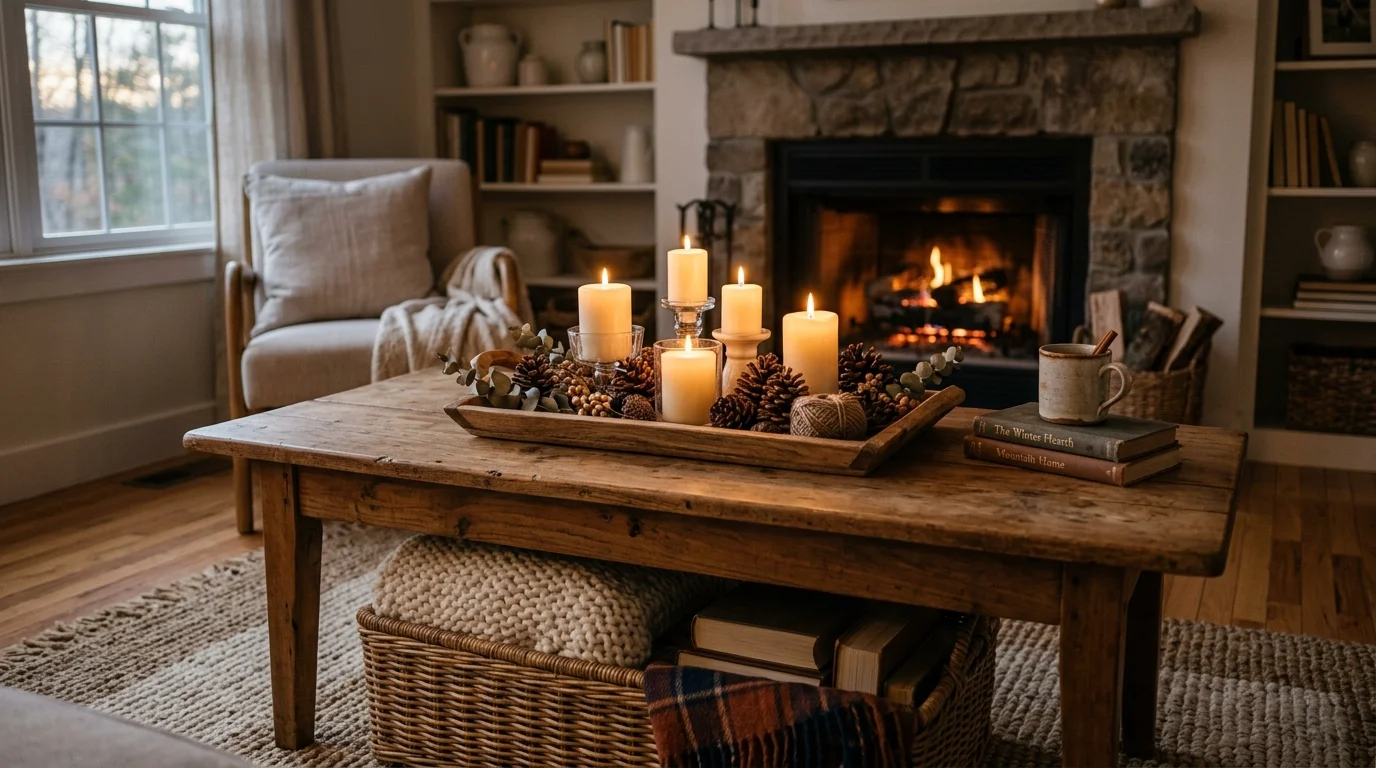 A rustic wooden coffee table with a woven basket underneath and a tray of candles and pinecones warm soft lighting cozy farmhouse aesthetic no people