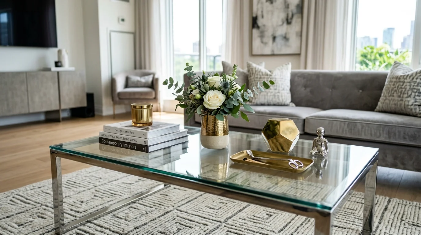 A glass coffee table styled with metallic decor objects a stack of books and a small floral arrangement bright lighting luxurious contemporary look no people