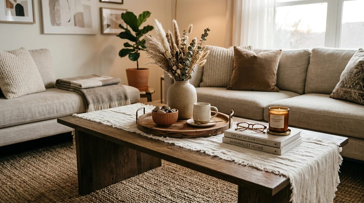 A coffee table with a mix of textures including a linen runner wooden tray and ceramic decor pieces soft lighting layered chic design no people