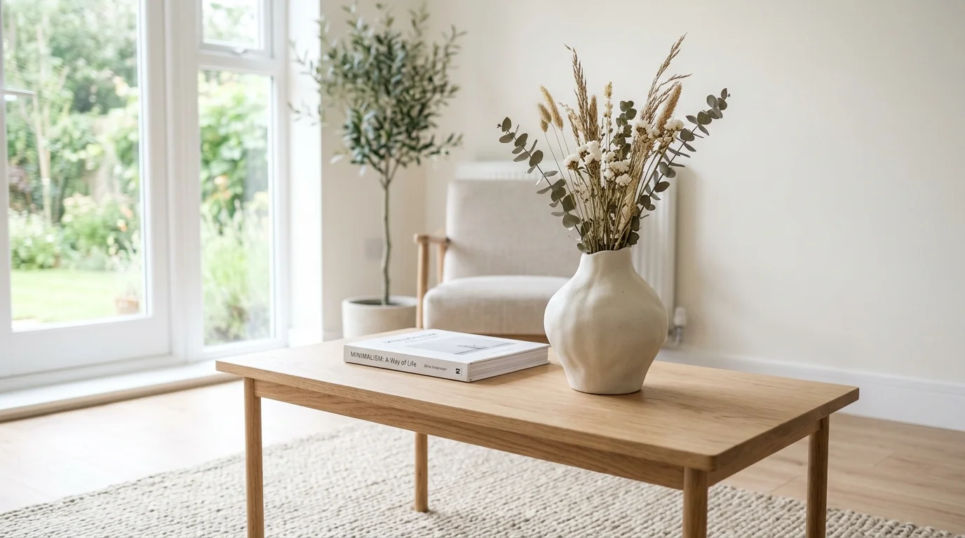 A minimal coffee table with a single statement vase and a book bright natural daylight clean uncluttered aesthetic no people