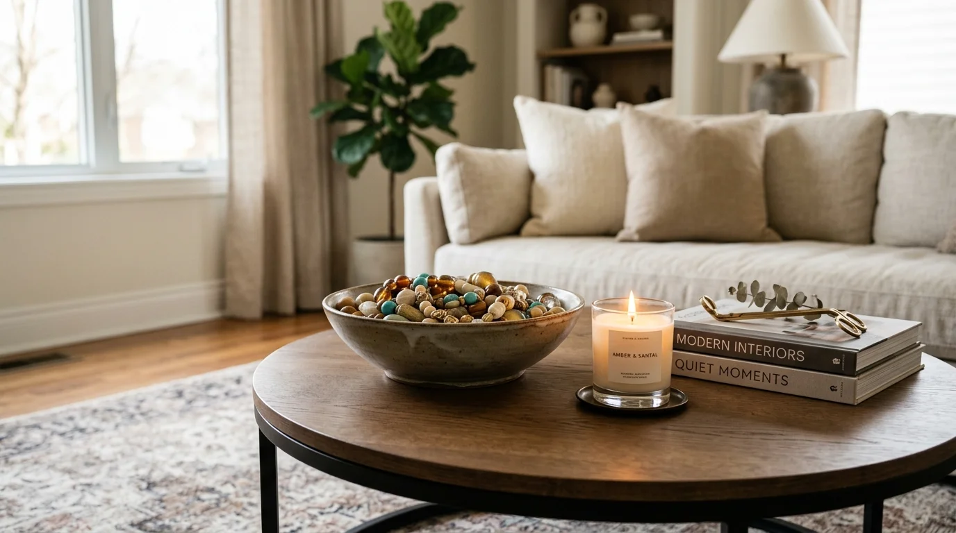 A coffee table styled with a bowl filled with decorative beads and a candle placed beside it soft lighting modern elegant detail no people