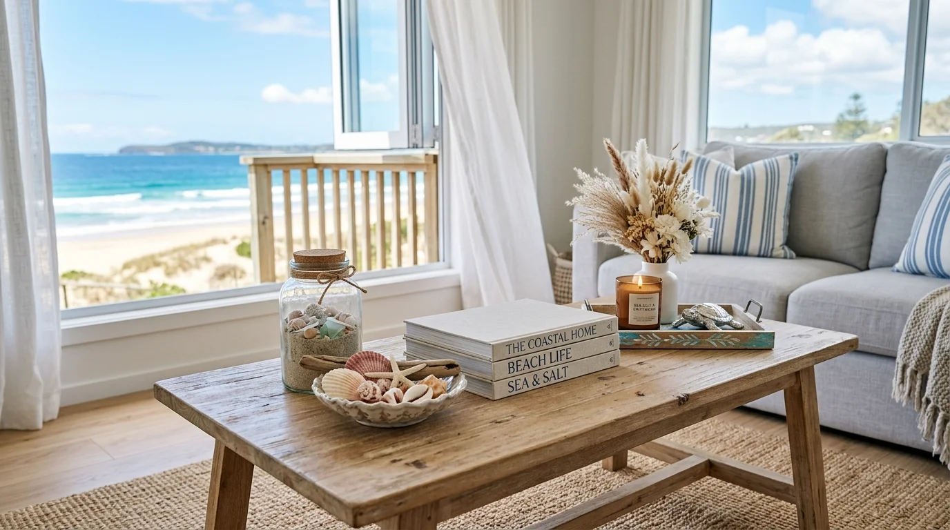 A coastal inspired coffee table with seashell decor a glass jar and light colored books bright natural light breezy beachy feel no people