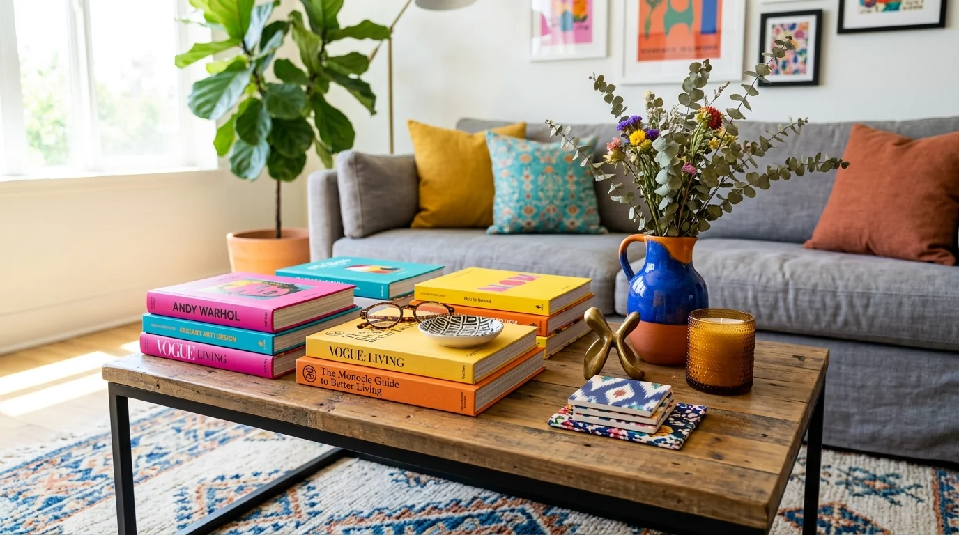 A bold coffee table setup with colorful books and vibrant decor accents bright lighting energetic stylish centerpiece no people