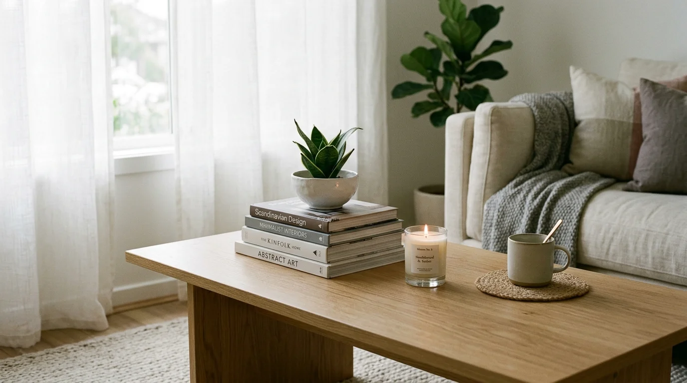 A neutral toned coffee table with stacked books a candle and a small plant soft diffused lighting calm chic look no people