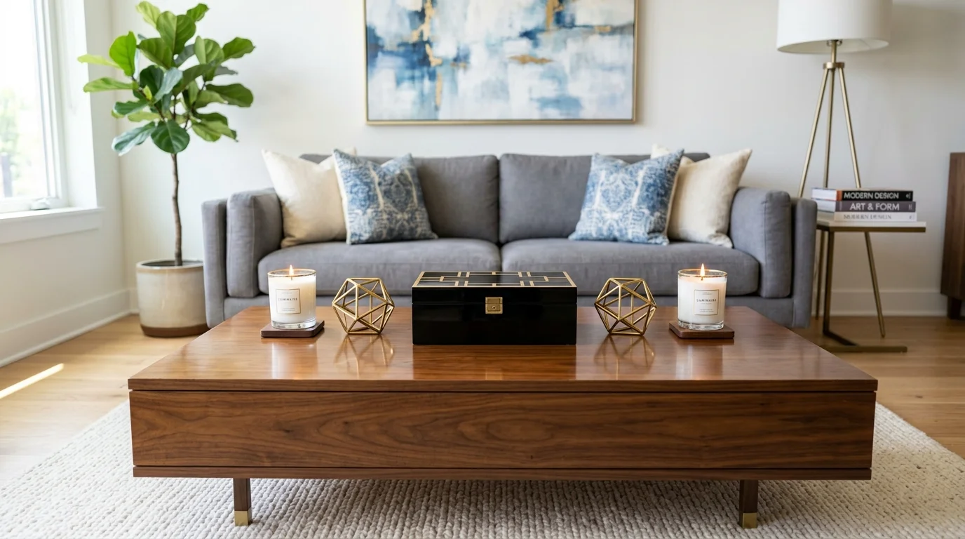 A coffee table styled with a decorative box a candle and a small sculpture arranged symmetrically bright lighting polished design no people
