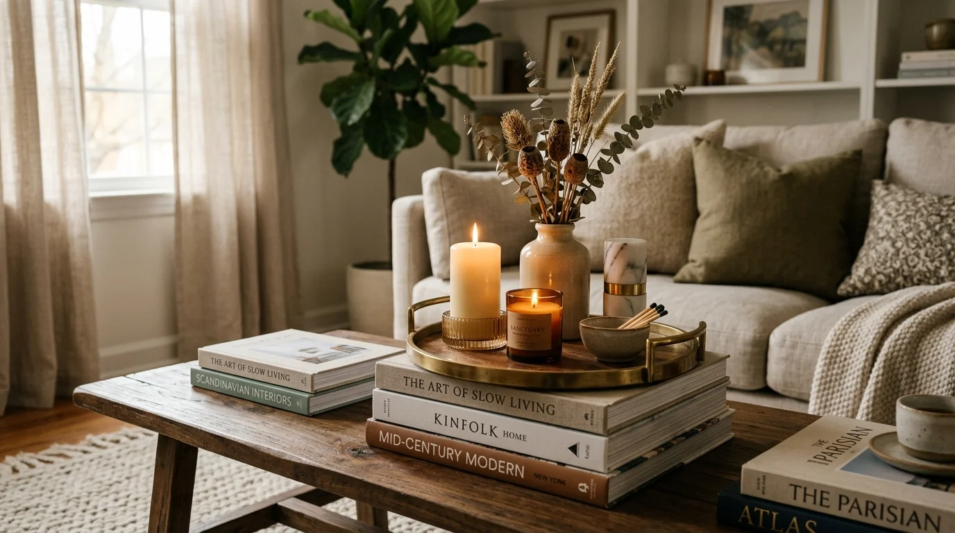 A layered coffee table display with books topped by a tray holding candles and decor objects soft lighting curated elegant style no people