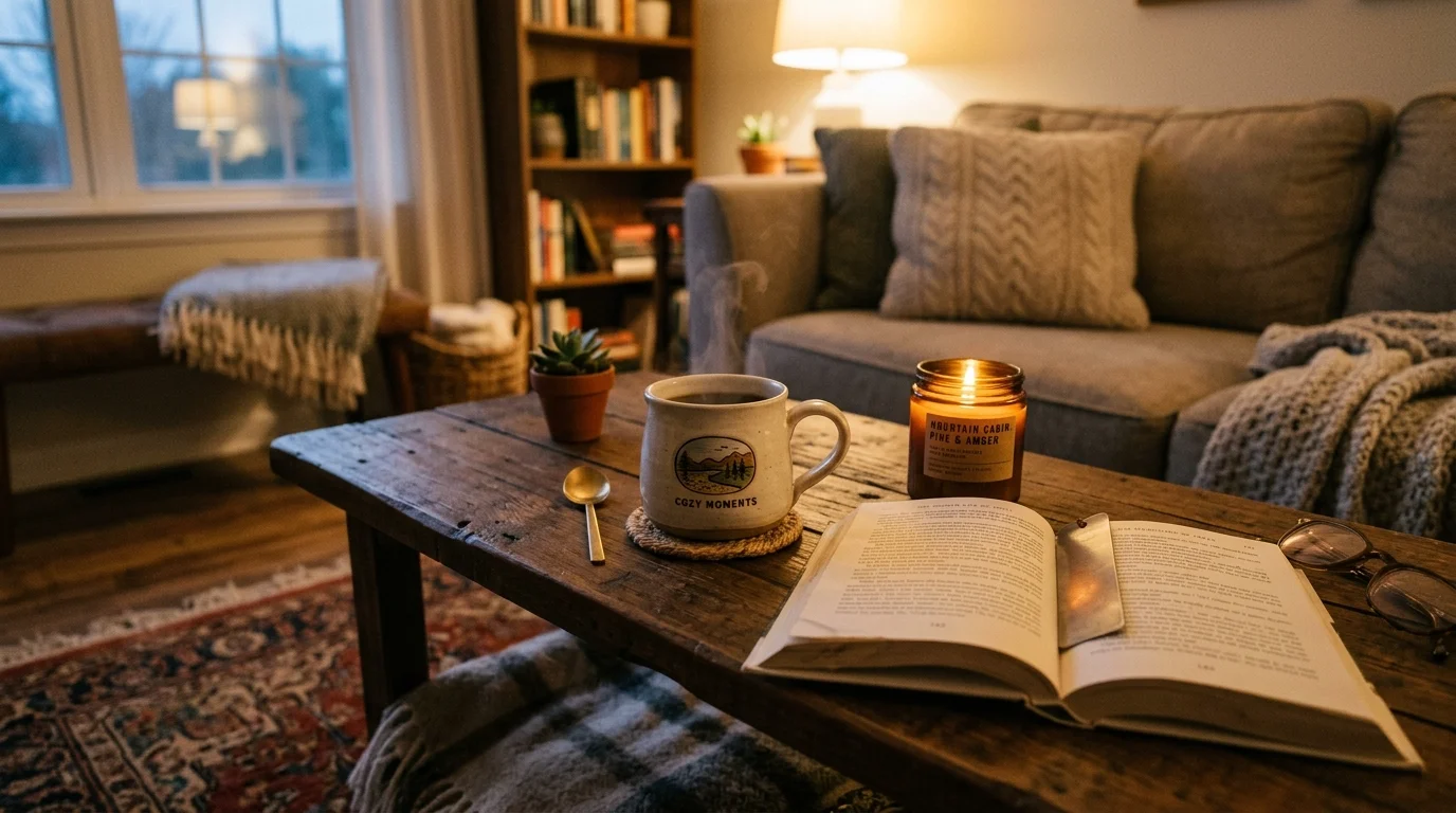A cozy coffee table with a mug a book and a candle arranged casually warm lighting inviting relaxed vibe no people
