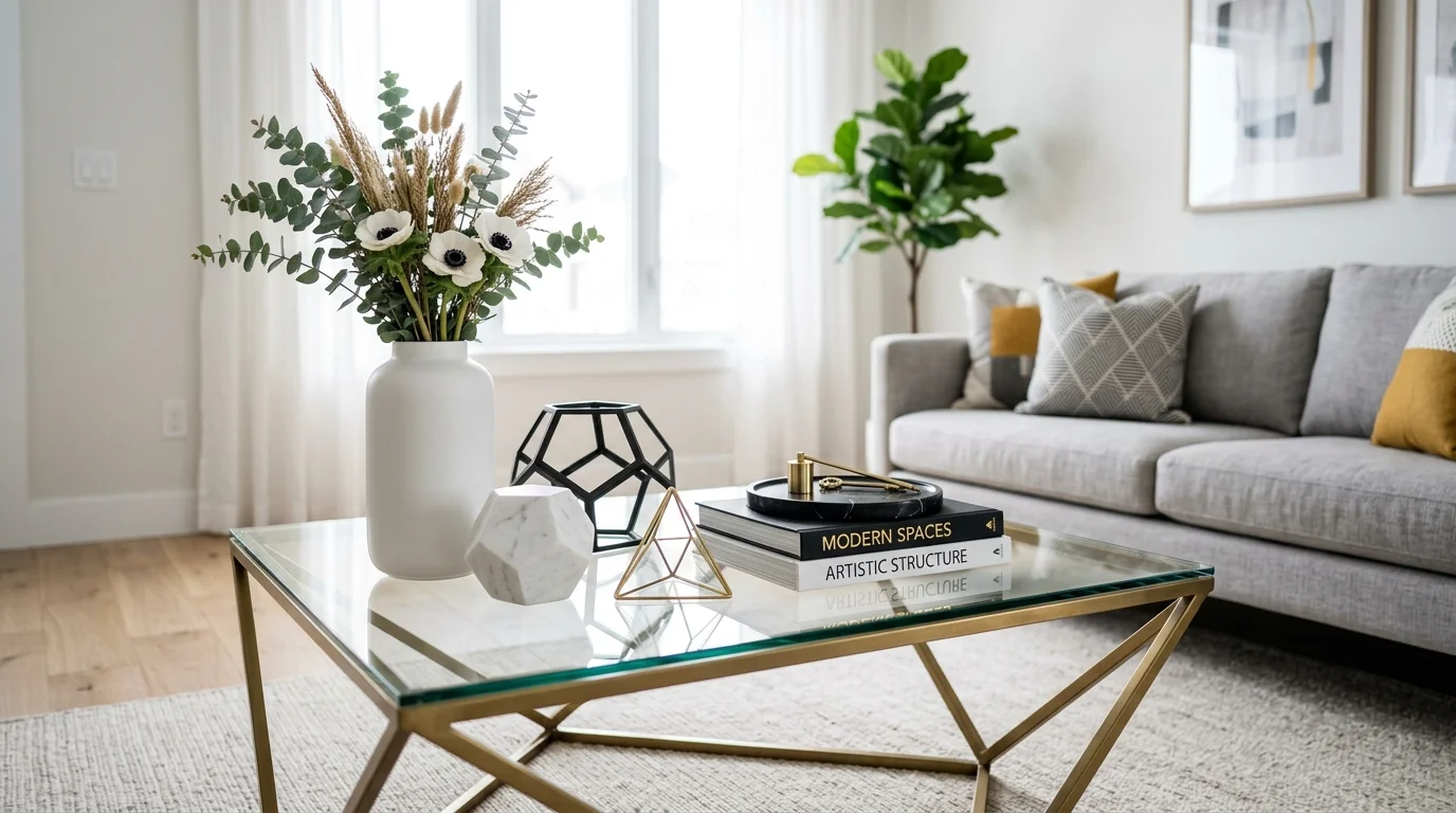 A modern coffee table with geometric decor objects and a sleek vase bright lighting contemporary chic styling no people