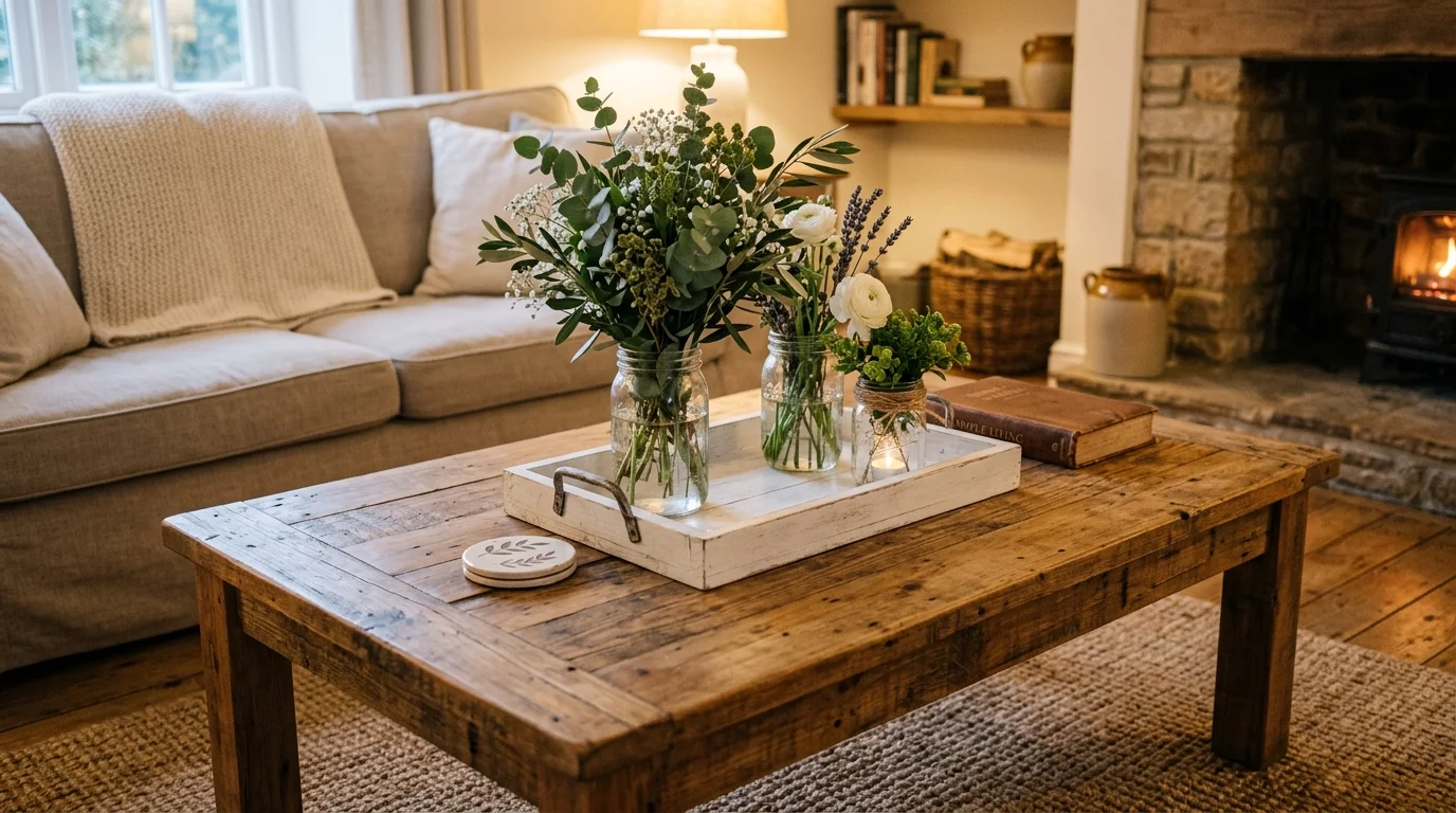 A farmhouse style coffee table with a wooden tray mason jars and greenery warm soft lighting charming rustic centerpiece no people