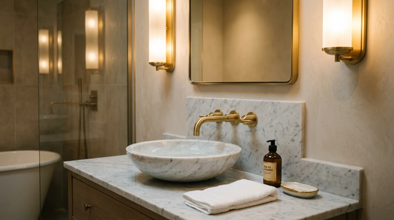 A luxury bathroom sink design with a marble countertop basin, gold fixtures, elegant wall sconces, glossy reflective surfaces, warm ambient lighting, sophisticated spa-like mood, close-up angled shot, no people