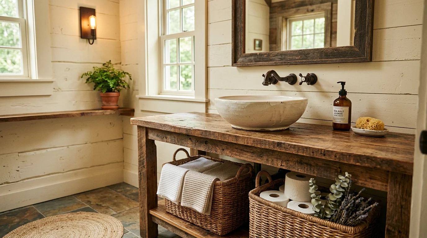 A rustic farmhouse bathroom sink made of ceramic vessel basin on a reclaimed wood vanity, bronze faucet, woven baskets underneath, soft warm lighting, cozy natural textures, no people