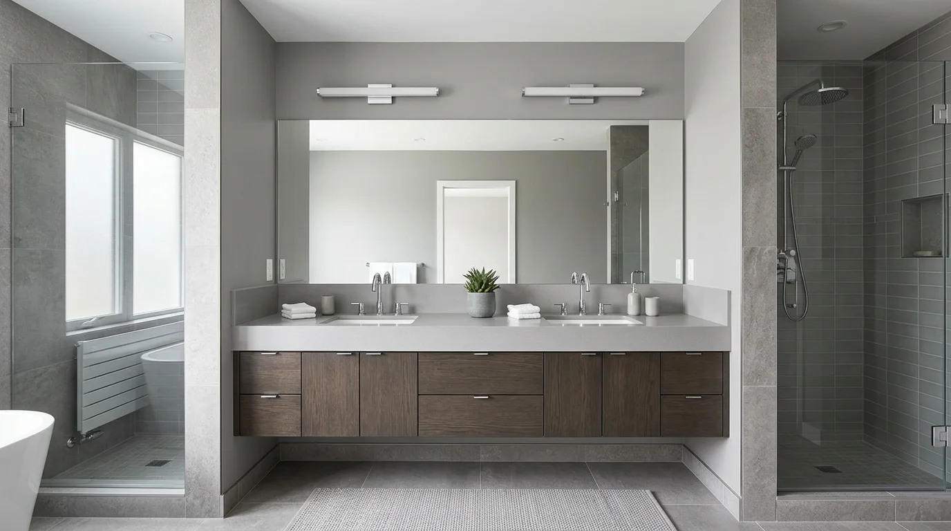 A contemporary bathroom with dual under-mount sinks, sleek quartz countertop, frameless mirror, neutral gray tones, bright diffused lighting, symmetrical composition, no people