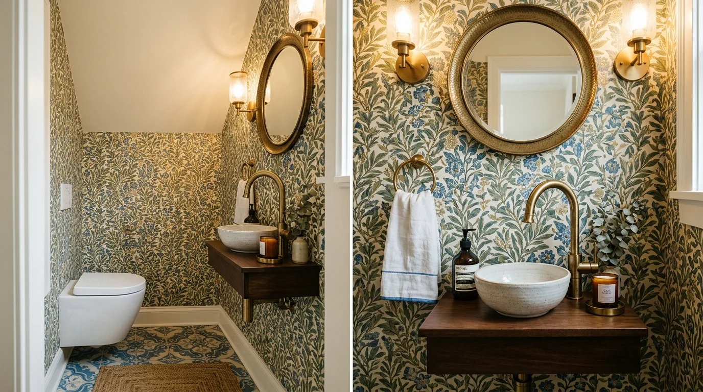 A compact powder room with a small round vessel sink, patterned wallpaper backdrop, brass faucet, decorative mirror, stylish yet space-saving design, soft lighting, no people