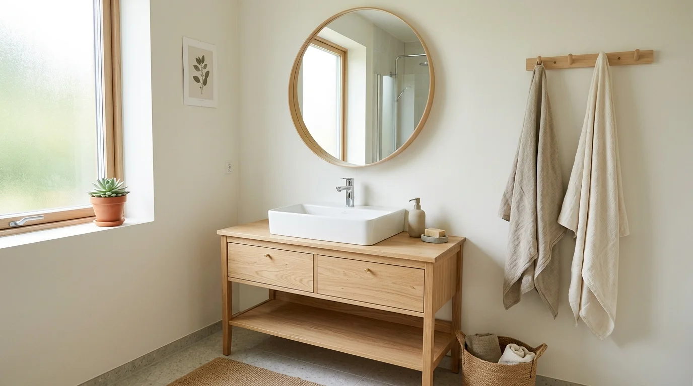 A Scandinavian-inspired sink area with a simple white basin, light wood vanity, minimal decor, soft linen towels, bright airy daylight, calm neutral palette, no people