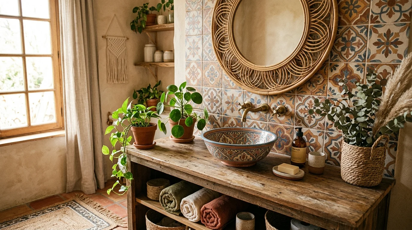 A boho-style bathroom sink with ceramic bowl basin, patterned tiles, rattan mirror frame, greenery accents, warm earthy tones, natural light streaming in, relaxed aesthetic, no people