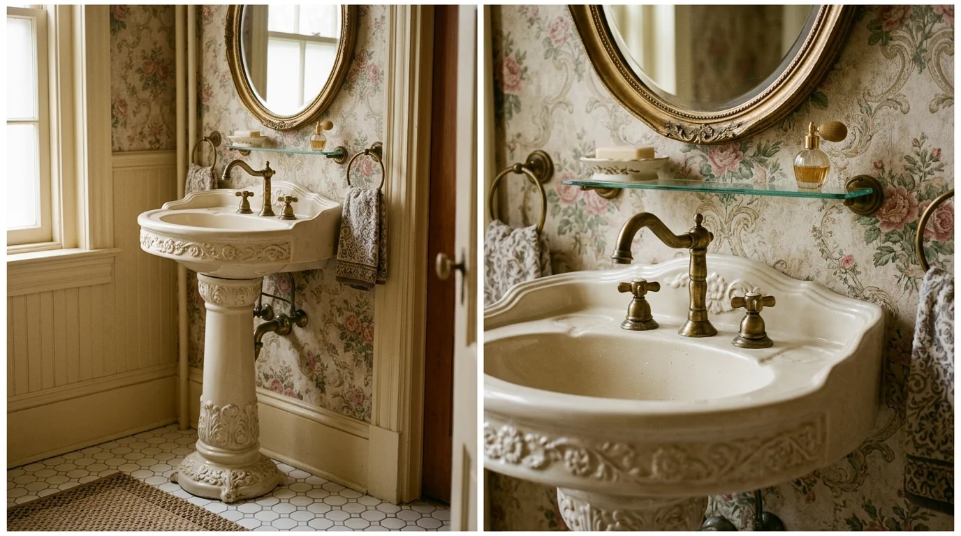 A vintage bathroom sink with pedestal design, ornate porcelain detailing, antique brass faucet, floral wallpaper background, warm nostalgic lighting, elegant classic charm, no people