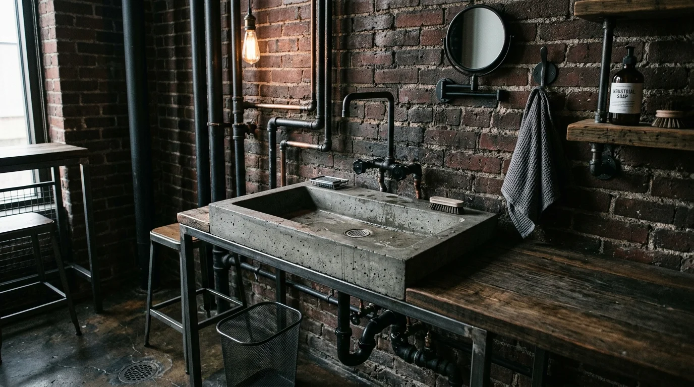 A modern industrial sink area with concrete basin, exposed piping, black metal fixtures, brick wall backdrop, moody lighting, edgy urban aesthetic, no people