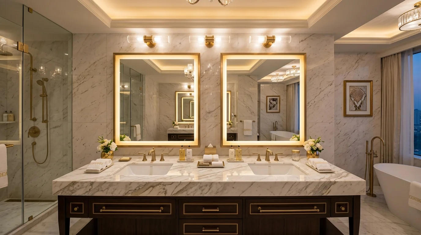 A luxury double sink vanity with marble countertop, backlit mirror, gold accents, high-end hotel style finish, soft glowing ambient lighting, wide-angle shot, no people