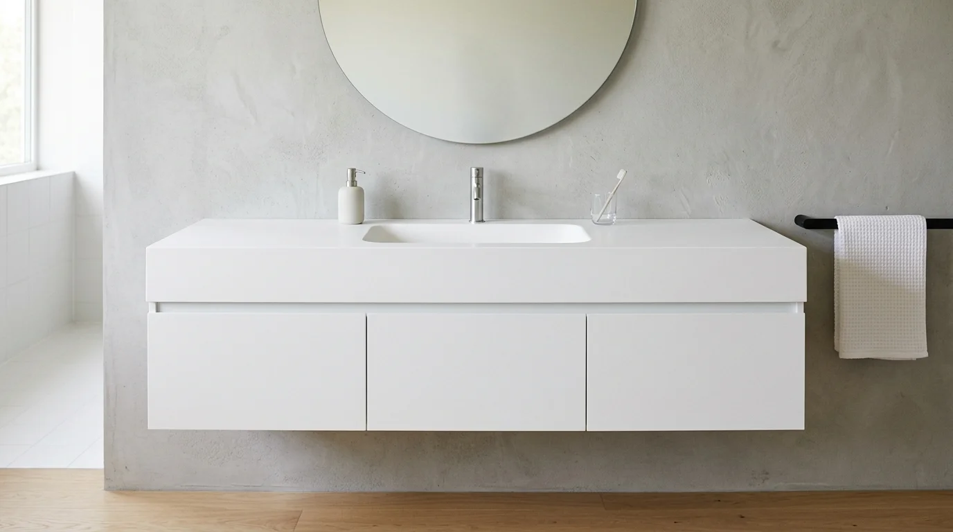 A minimalist floating sink with seamless integrated basin, white matte finish, hidden storage drawers, ultra-clean design, soft daylight, straight-on composition, no people