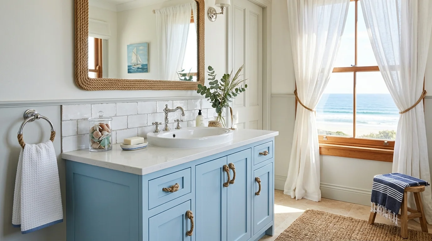 A coastal bathroom sink with light blue cabinetry, white ceramic basin, rope-style decor accents, breezy curtains, bright natural sunlight, fresh airy vibe, no people