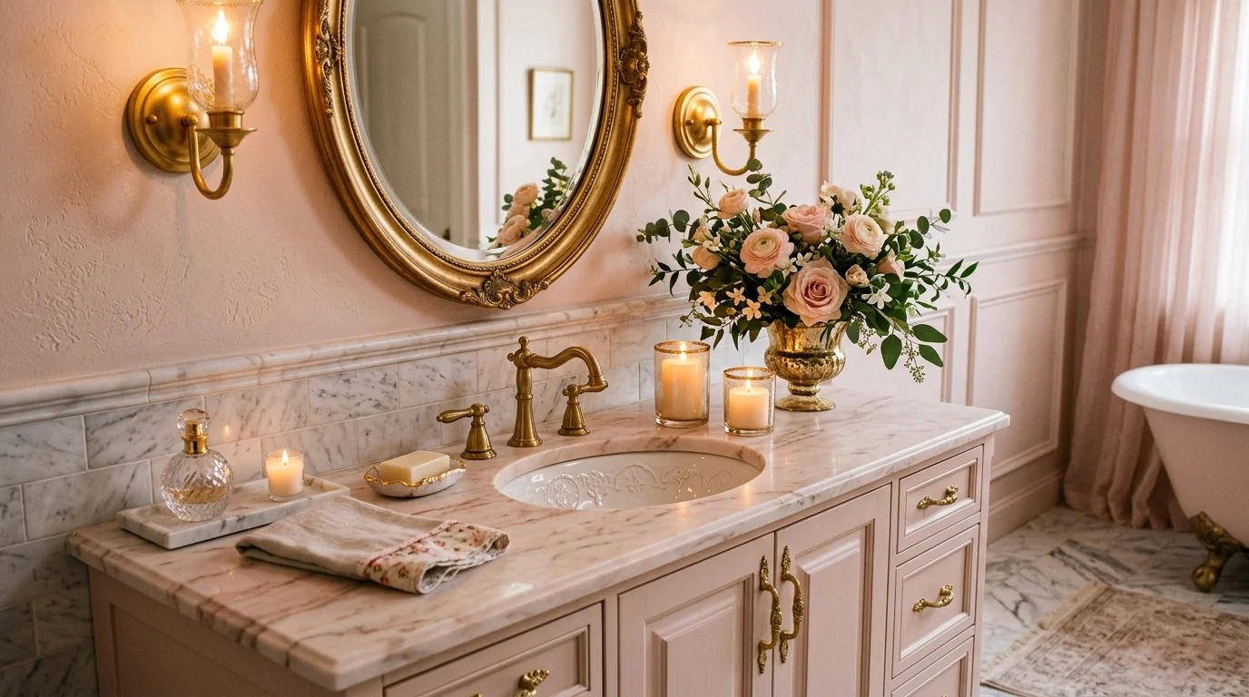 A romantic bathroom sink vanity with soft blush tones, oval mirror, gold fixtures, floral arrangement on countertop, warm candlelight ambiance, elegant feminine styling, no people