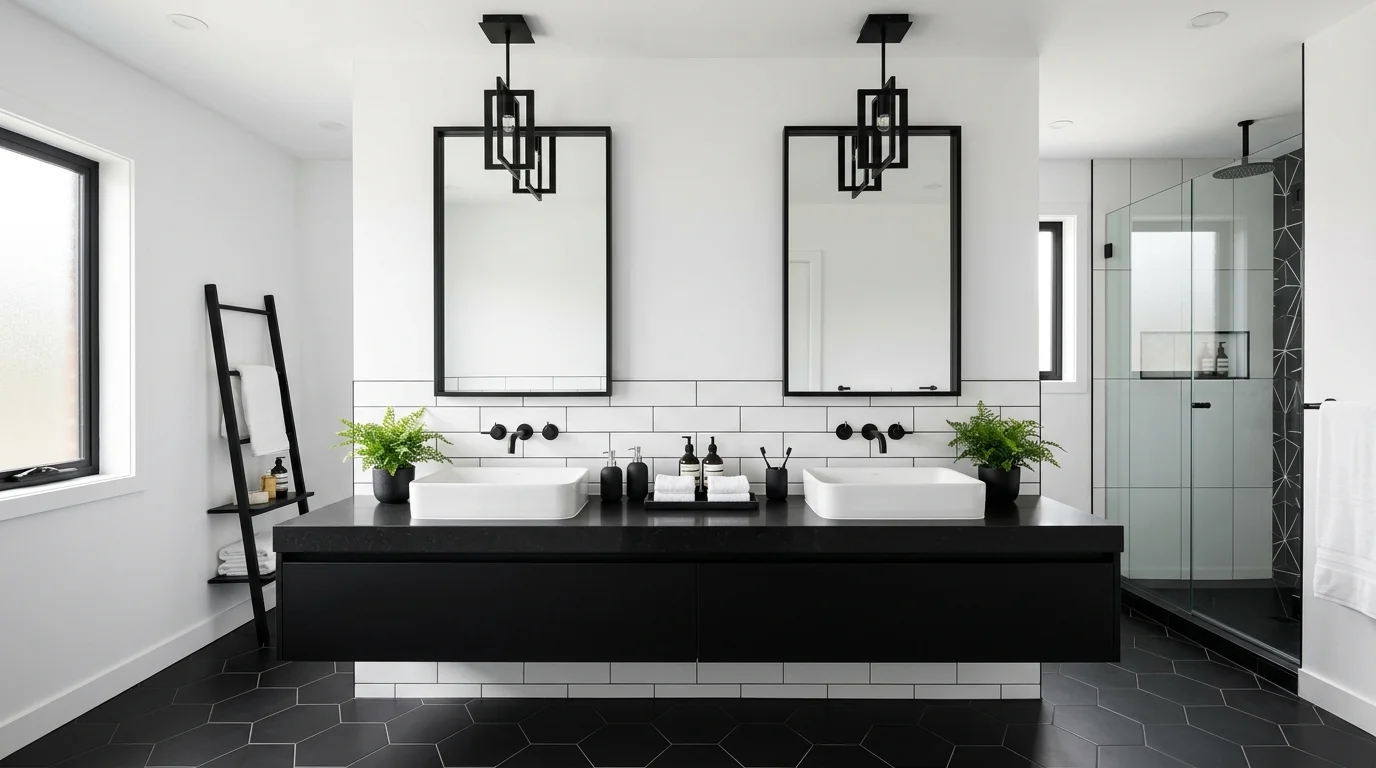 A contemporary dual-sink bathroom with black and white contrast palette, sleek stone countertop, geometric mirrors, modern lighting fixtures, balanced symmetrical composition, no people
