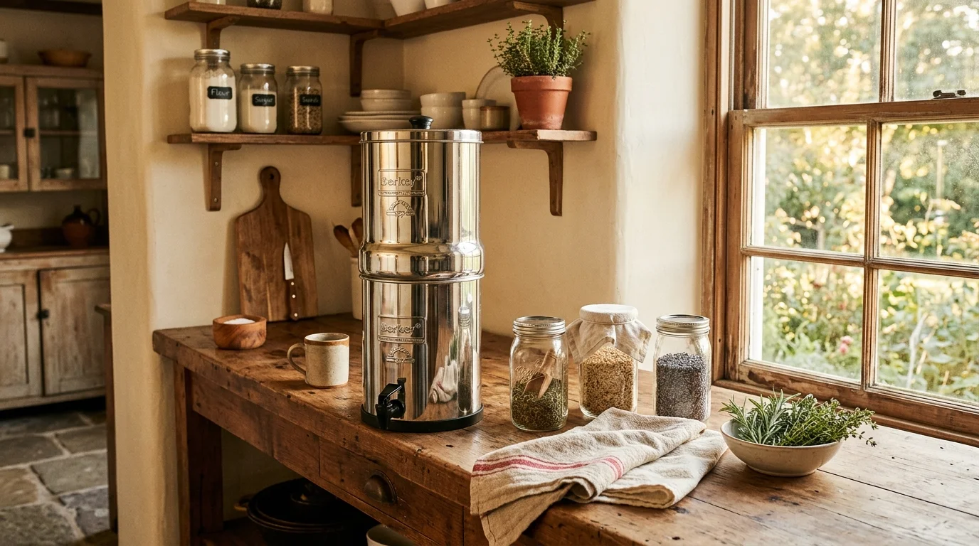 A farmhouse-style kitchen display with a Berkey water filter on a rustic wooden counter, surrounded by mason jars, linen towels, warm earthy tones, soft golden hour lighting, cozy atmosphere, slightly angled perspective, no people