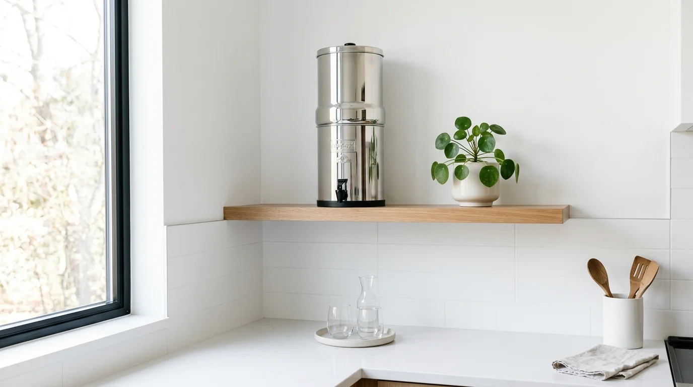 A minimalist kitchen corner with a Berkey water filter placed on a floating shelf, white walls, subtle greenery, clean lines, monochrome palette, bright diffused daylight, front-facing composition, no people