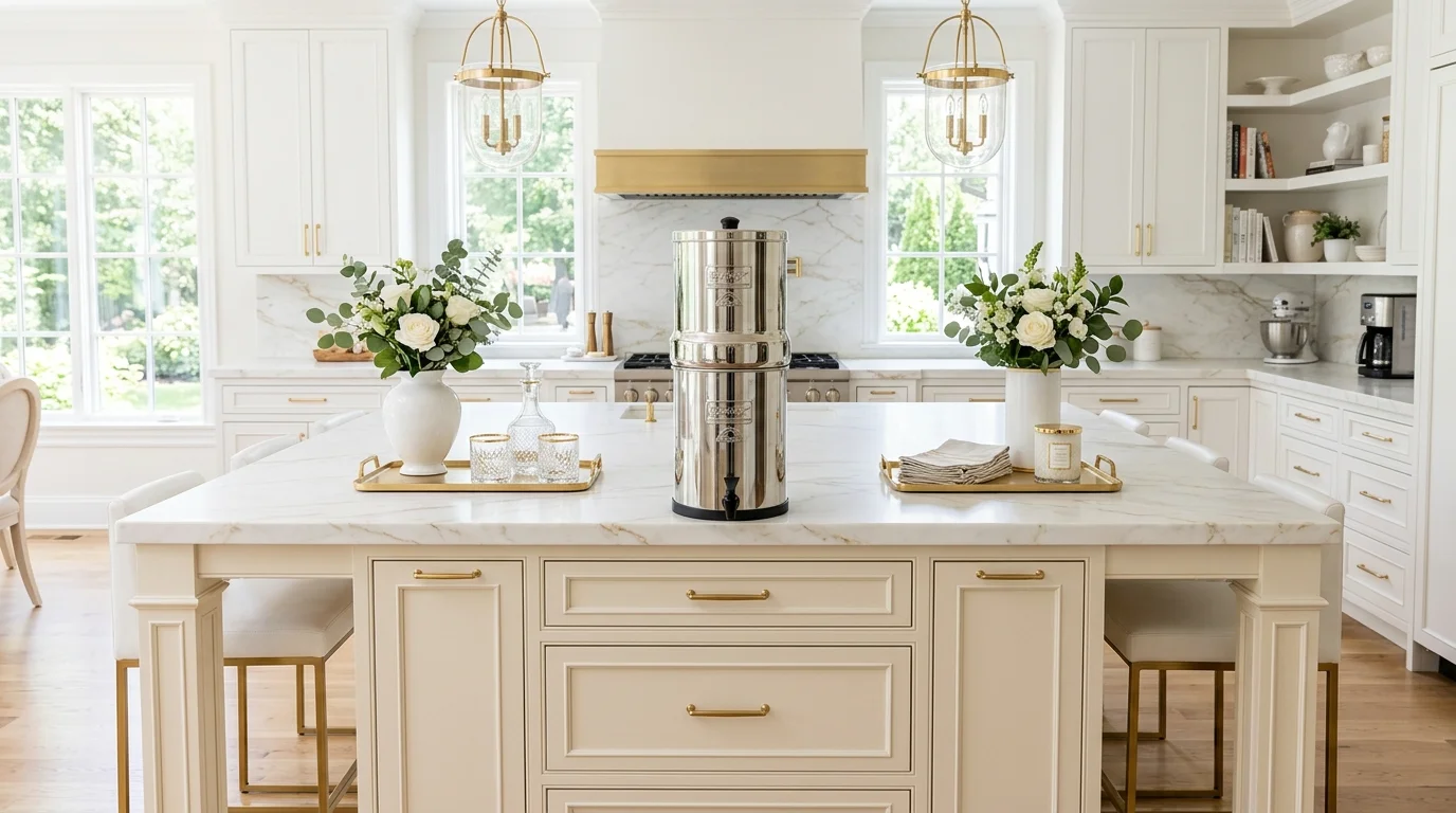 A luxury kitchen island setup with a Berkey water filter centered on a marble countertop, gold accents, elegant decor pieces, bright airy lighting, sophisticated neutral palette, symmetrical wide shot, no people
