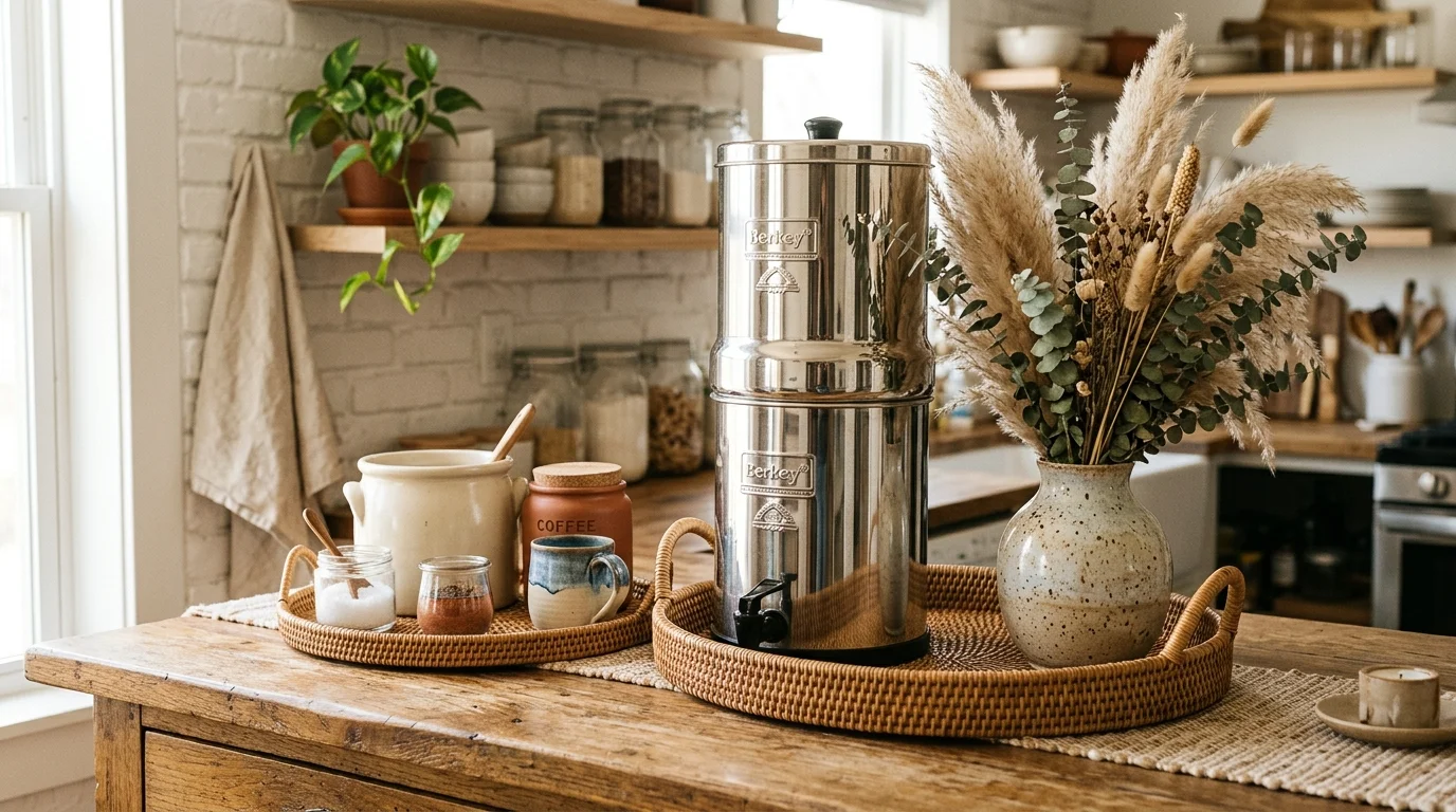A boho-inspired kitchen display with a Berkey water filter on a wooden counter, rattan trays, ceramic containers, dried pampas grass, warm textures, soft natural lighting, relaxed vibe, angled close-up shot, no people