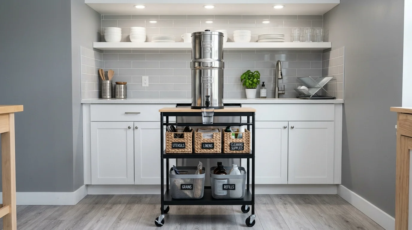 A compact kitchen setup with a Berkey water filter placed on a small cart with wheels, organized storage baskets underneath, modern gray and white tones, efficient layout, overhead lighting, straight-on shot, no people