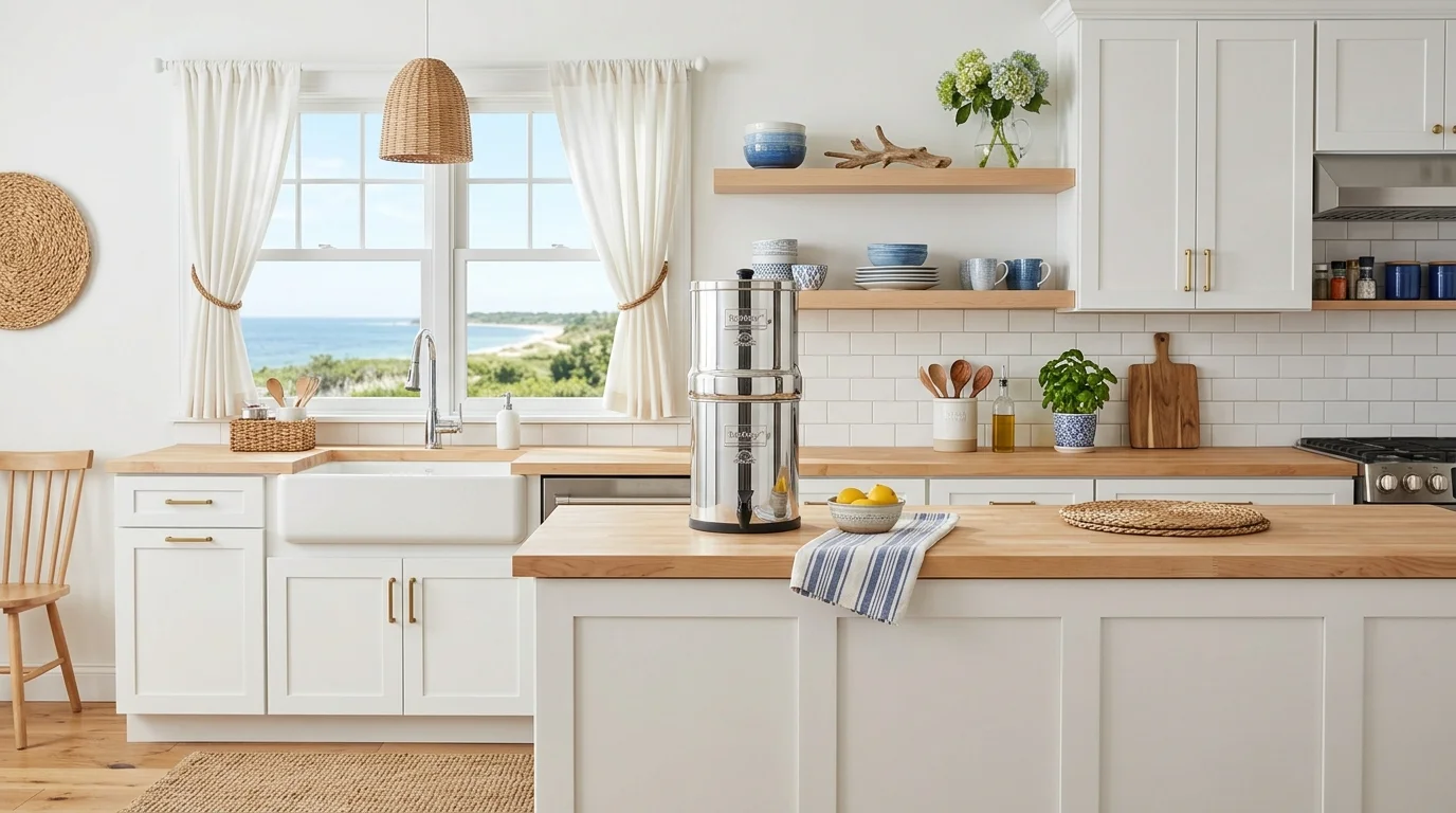 A coastal-themed kitchen with a Berkey water filter on a light wood countertop, soft blue accents, woven textures, bright daylight, breezy and fresh atmosphere, front perspective shot, no people