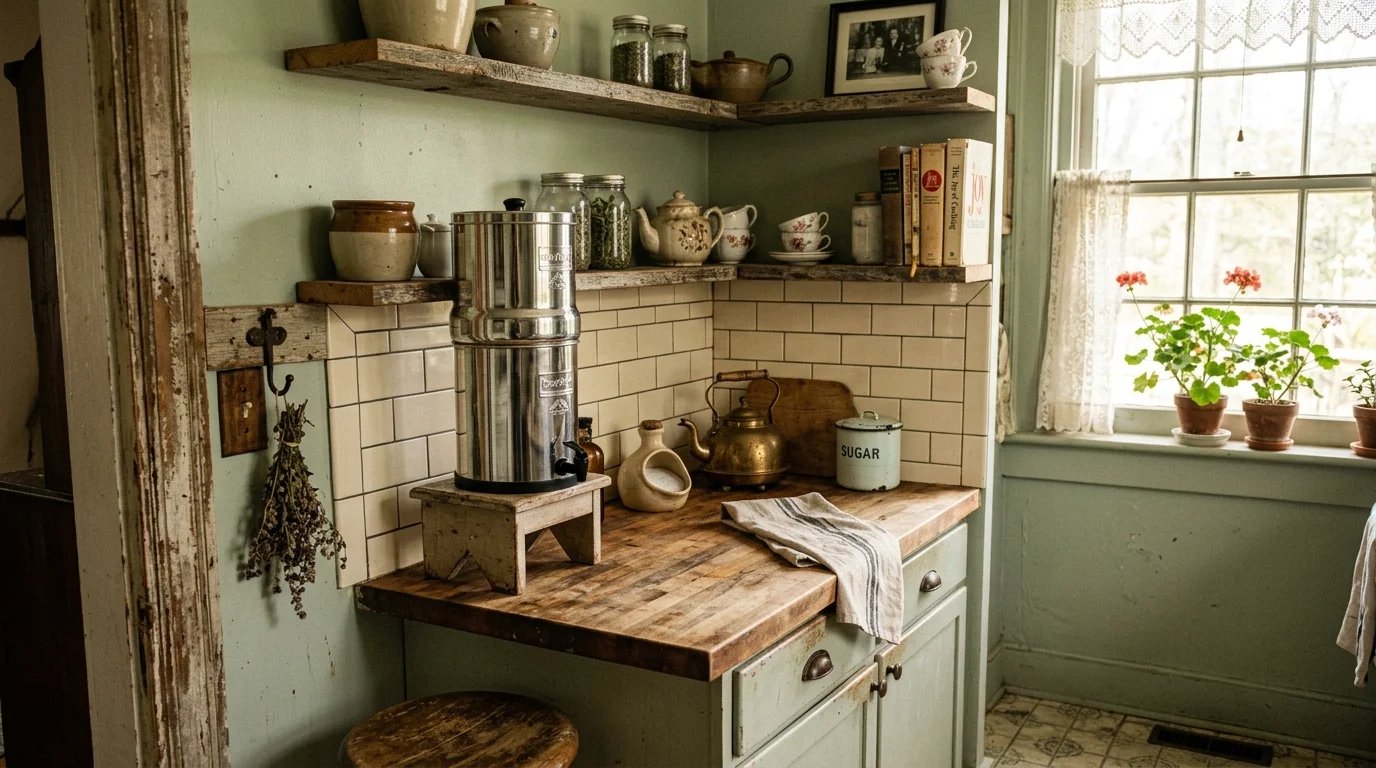 A vintage-inspired kitchen corner with a Berkey water filter beside antique decor, distressed wood shelves, soft pastel colors, warm ambient lighting, nostalgic styling, side-angle composition, no people